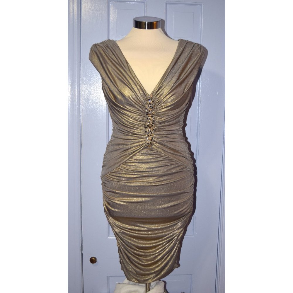 Cache Ruched Body-Con Jeweled Gold Dress XS